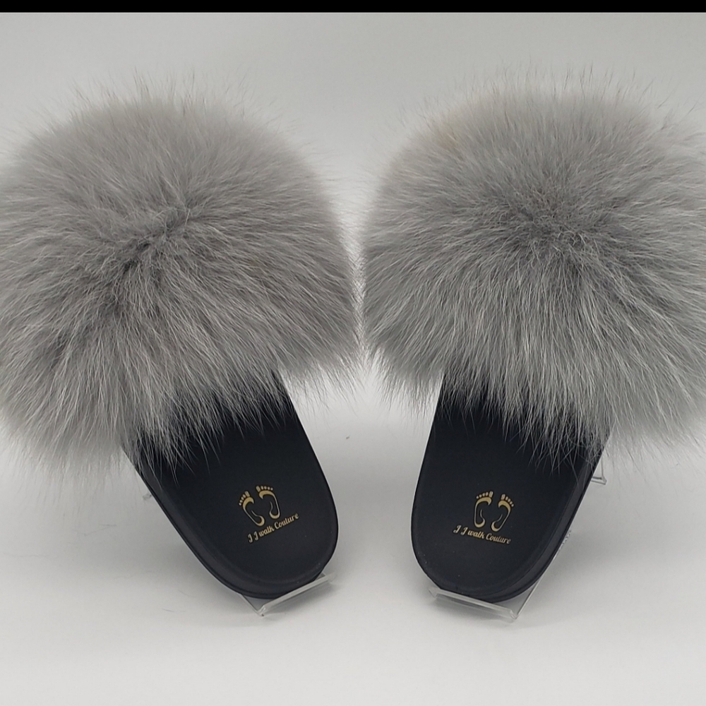 Women 100% Real Fox Fur Slides Grey Slippers In-stock Fast Shipping